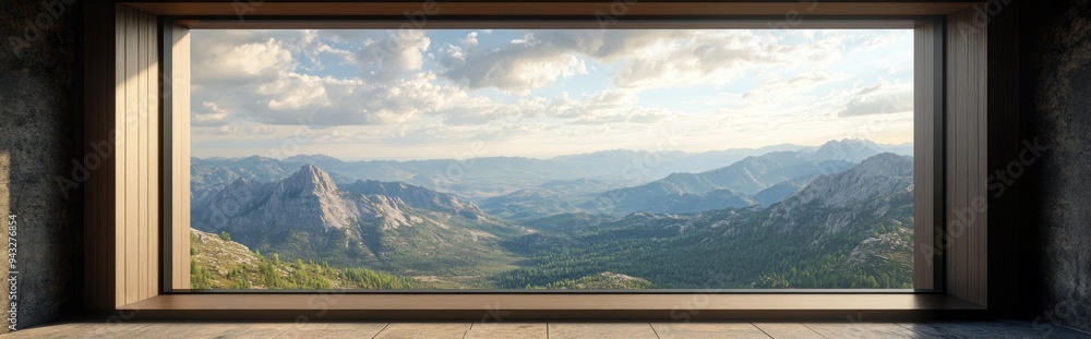 Poster 3d rendering of a landscape view through a window at a lookout tower