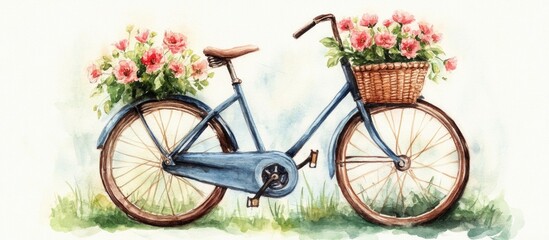 Fototapeta premium Watercolor Illustration of a Bicycle Adorned with Flowers in a Basket