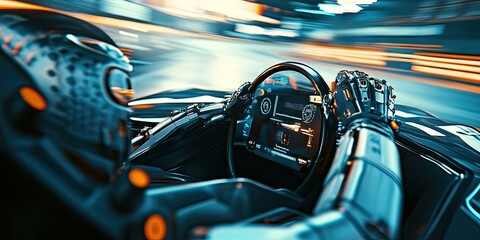 Futuristic car interior with robotic driver.