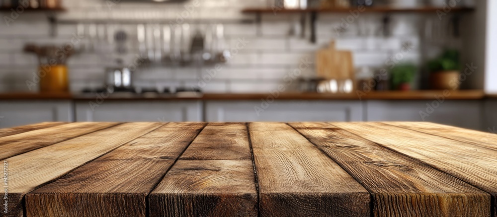 Poster 3d rendering of a wooden tabletop with a blurred kitchen background suitable for product display or 