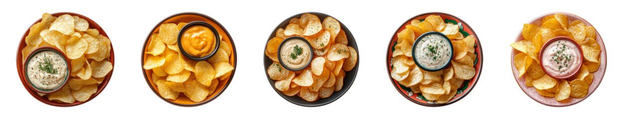 potato chips with dipping sauce on a plate isolated on a transparent or white background, top view, cut-out, PNG