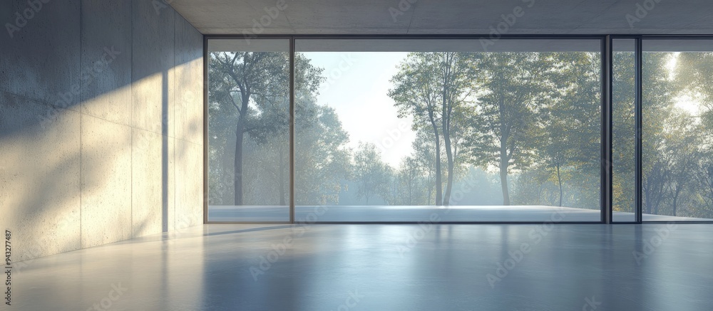 Poster empty interior with a large window in a 3d rendering