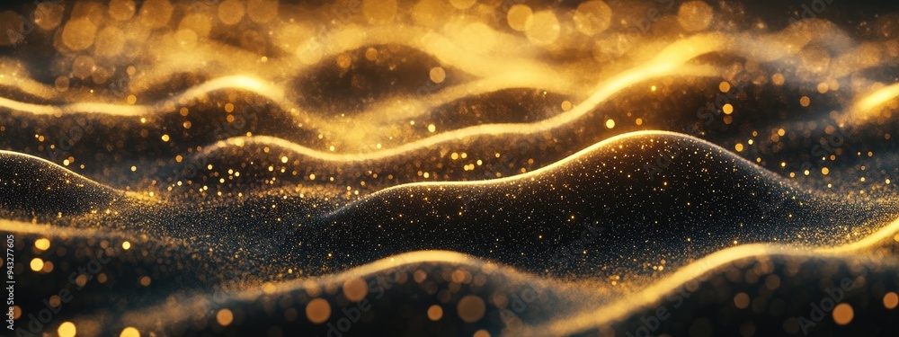 Poster abstract gold glittering wavy gas fractals of star dust in 3d cartoon rendering