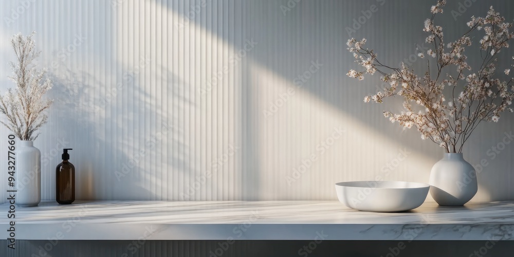 Poster 3d rendering of a desk with free space over a bathroom background for product display in a business 