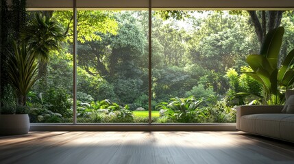 3D rendering of a blurred green garden view from a living room window creating a natural panoramic background for design concepts