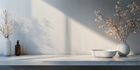 3D rendering of a desk with free space over a bathroom background for product display in a business presentation