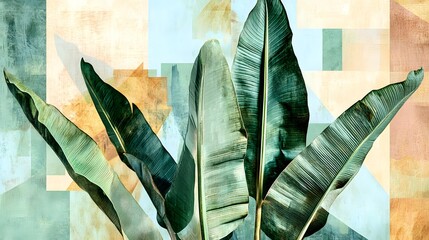 Artistic interpretation of banana leaves in shades of green, arranged on an abstract background with geometric patterns and earthy tones, evoking the beauty found within rainforests.