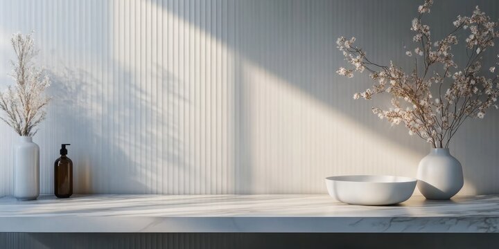 3D rendering of a desk with free space over a bathroom background for product display in a business presentation
