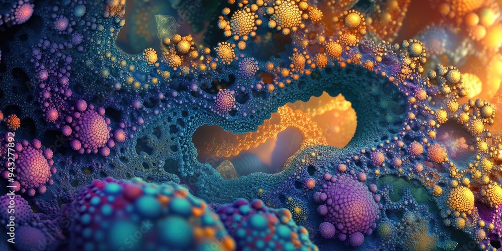 Poster Abstract fractal patterns and shapes in a 3D cartoon rendering Dynamic flowing natural forms flowers and spirals create a mysterious psychedelic relaxation pattern