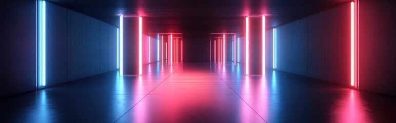 Abstract dark interior with neon illuminated installation 3D rendering illustration