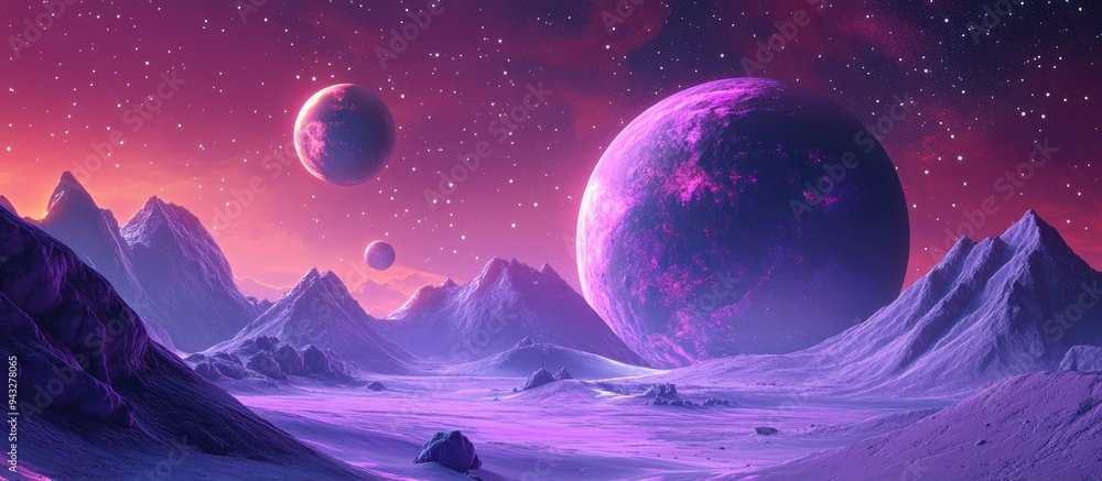 Poster 3d cartoon depiction of a purple space landscape featuring large planets in a starry sky complemente