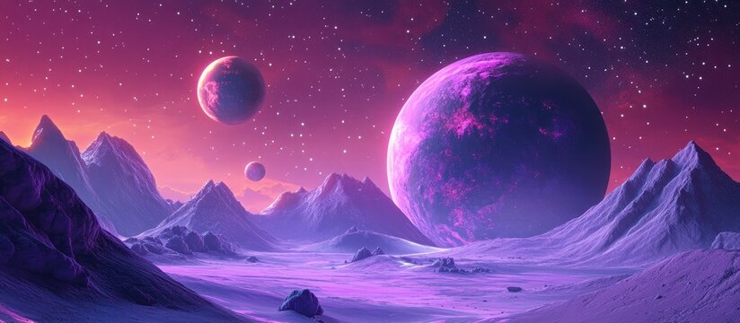 3D cartoon depiction of a purple space landscape featuring large planets in a starry sky complemented by meteors and mountains An alien world showcasing nature with a massive planet on the horizon