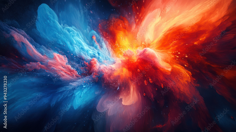 Poster red blue explosion, vibrant digital artwork showcasing a dynamic explosion of red and blue colors, c