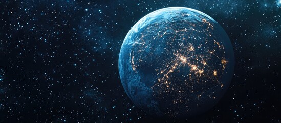 3D cartoon representation of a spherical Earth at night in outer space showcasing city lights and the essence of human life as a solar system element