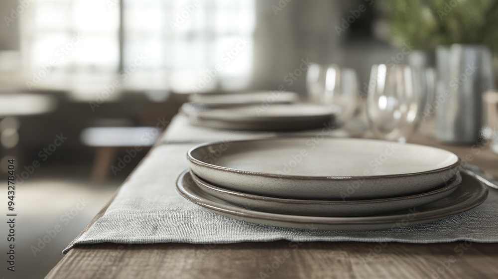 Poster 3d rendering of plates close up on a rustic style table