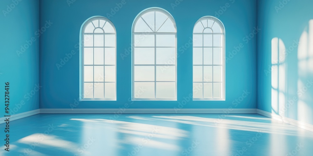 Poster 3d rendering of an empty blue interior featuring a large window