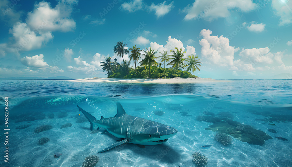 Wall mural Tropical maldivian island in daylight with rainbow and Great White Shark underwater