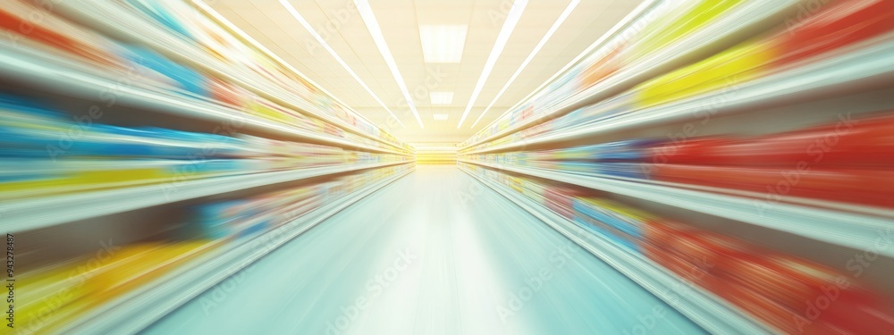 Poster 3d rendering of a blurred abstract background featuring a supermarket shelf