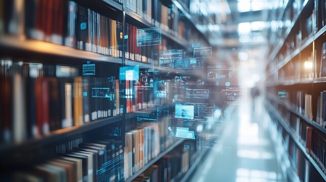 1. **Visualize a modern online library scene with a digital interface displaying a variety of educational resources. The image showcases a sleek, user-friendly platform where digital books, courses,