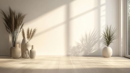 Minimalist interior of a white empty room featuring vases on a wooden floor decor on a large wall and a white landscape visible through the window showcased through 3D rendering
