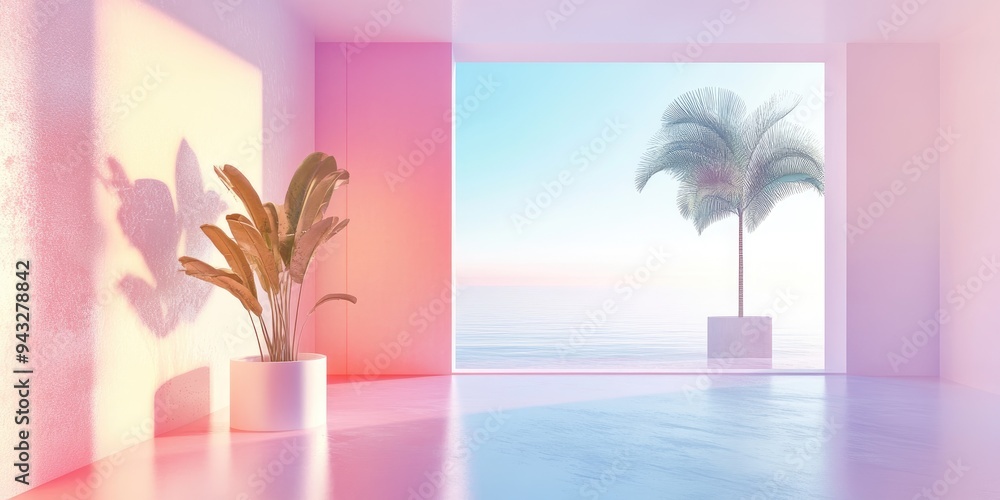 Poster abstract interior featuring a smooth gradient in white and colors with a window 3d rendering and ill