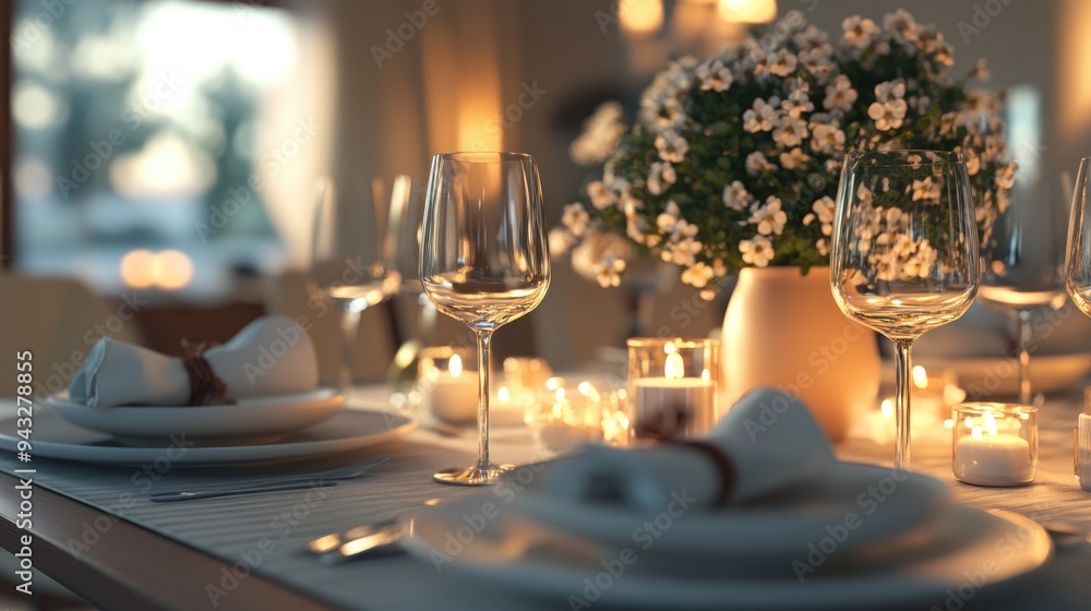 Poster 3d rendering of a beautifully arranged dining table setting