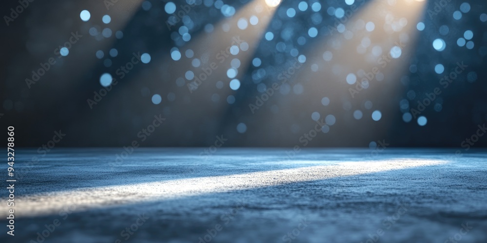 Poster 3d rendering of a spotlight illuminating a concrete floor with a dark background and bokeh lights