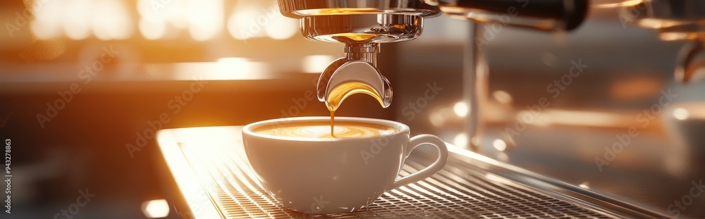 Poster 3d rendering of coffee being poured from a machine into a white cup illuminated by sunlight in a coz