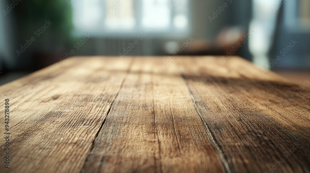 Aufkleber 3D rendering of a close up view of a wooden table with a blurred background