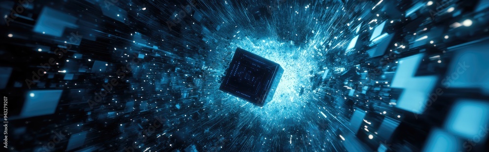 Poster Abstract cosmic background featuring a dark blue square in a 3D cartoon rendering Futuristic space illustration