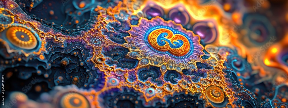 Poster Abstract fractal patterns and shapes depicted in a 3D cartoon rendering featuring dynamic flowing natural forms and a magical mandala with the OM symbol on a mysterious psychedelic relaxation patt