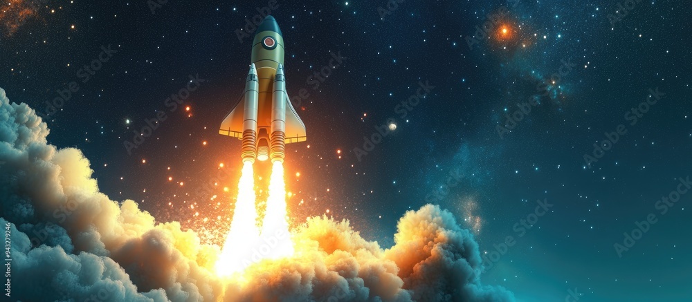 Aufkleber 3d cartoon rendering of a new spaceship shuttle successfully lifting off into the starry sky with bl