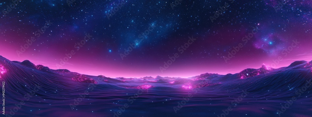 Poster 360 degree space background in a 3D cartoon rendering featuring a starry night sky panorama equirectangular projection and HDRI spherical environment map