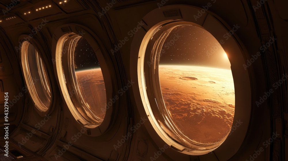 Aufkleber 3D cartoon depiction of an approaching spaceship with Mars visible through the windows