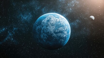 Fototapeta premium Realistic exoplanet rendering of a super earth suitable for colonization with an earth like appearance set against a backdrop of distant planets