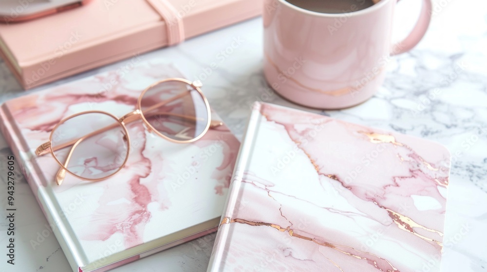 Poster a pair of sunglasses and a pink notebook sit on a table