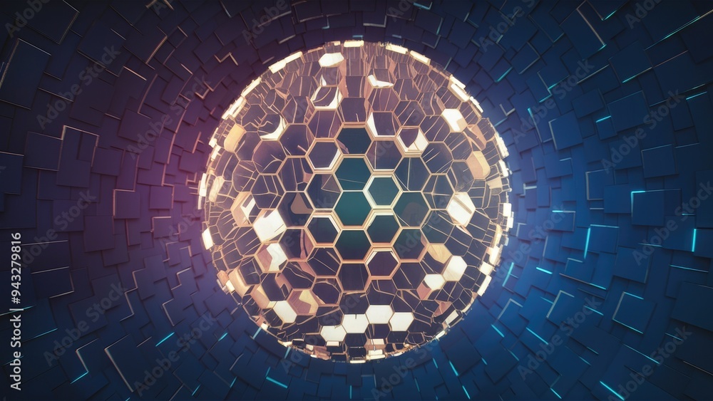Poster abstract hexagonal sphere in 3d rendering and illustration.