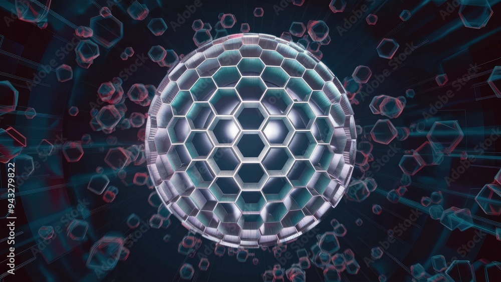 Poster abstract hexagonal sphere in 3d rendering and illustration.