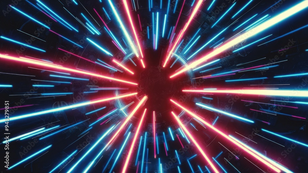 Poster abstract illustration featuring blue hues with dynamic light effects. chaotic neon rays and laser be