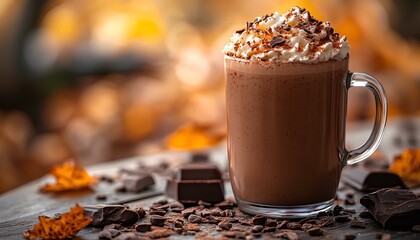 hot chocolate or coffee in a mug during autumn fall time surrounded by nature and dried up orange maple leaves to signify the changing of seasons. Closeup of hot chocolate with whipped cream