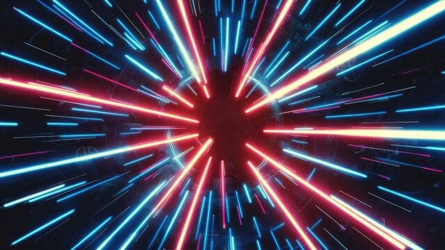 Abstract illustration featuring blue hues with dynamic light effects. Chaotic neon rays and laser beams create a vibrant visual display.