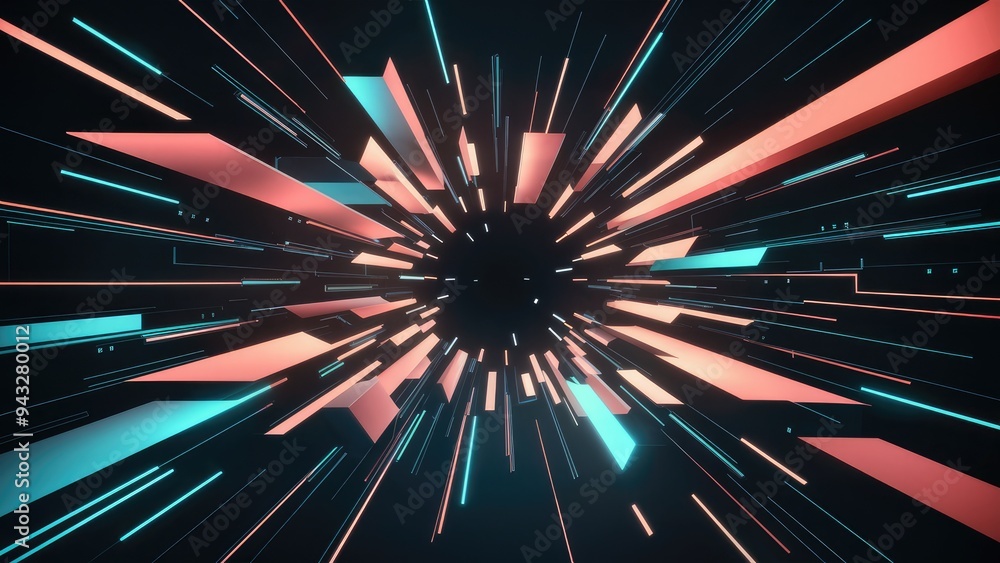 Fototapete Abstract image of dynamic shapes and contrasting lines on a dark backdrop, embodying retro-futuristic and digital interface themes in a digitally generated composition.