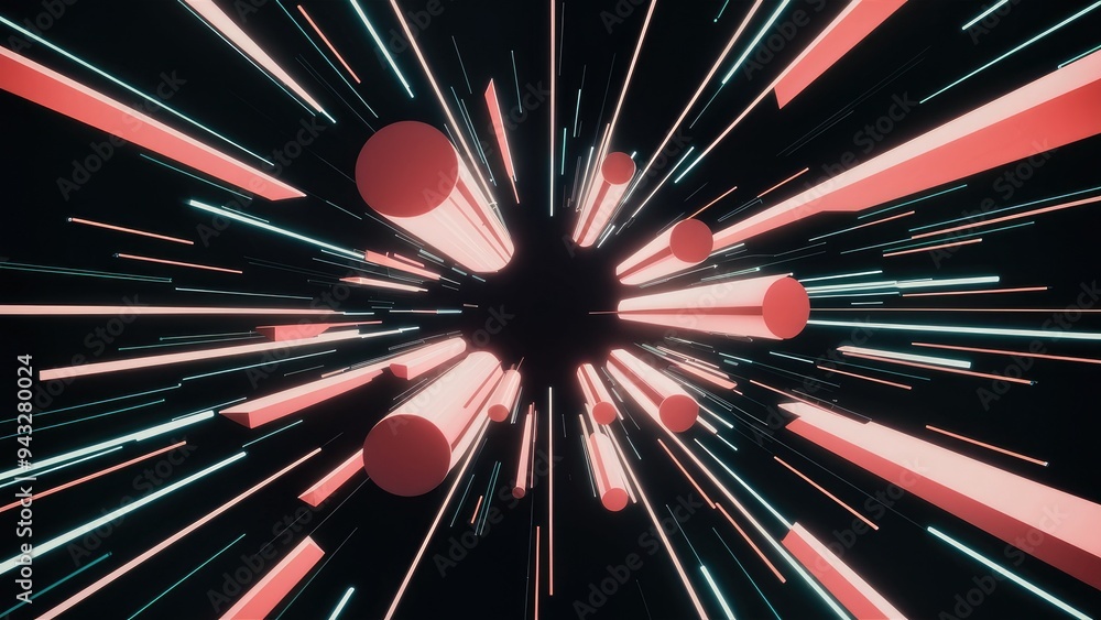 Poster abstract image of dynamic shapes and contrasting lines on a dark backdrop, embodying retro-futuristi