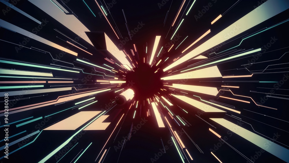 Poster abstract image of dynamic shapes and contrasting lines on a dark backdrop, embodying retro-futuristi