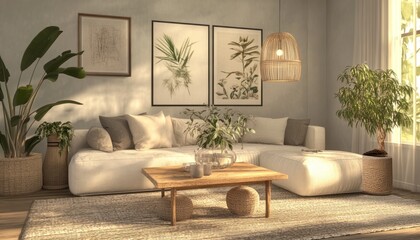 A cozy minimalist living room in beige with wood furniture and greenery 1. Generative AI