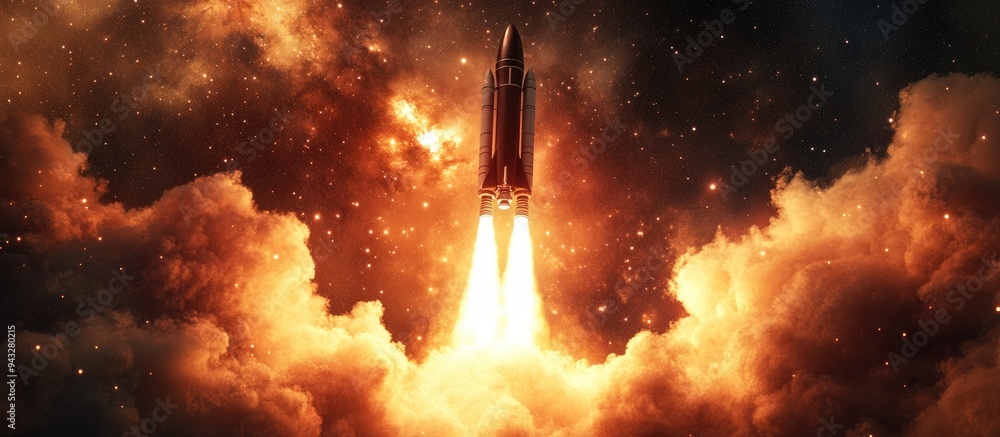 Fototapete Space rocket shuttle takes off into a starry sky towards Mars in this 3D cartoon rendering The concept showcases exploration and colonization of the red planet featuring a spaceship with smoke and