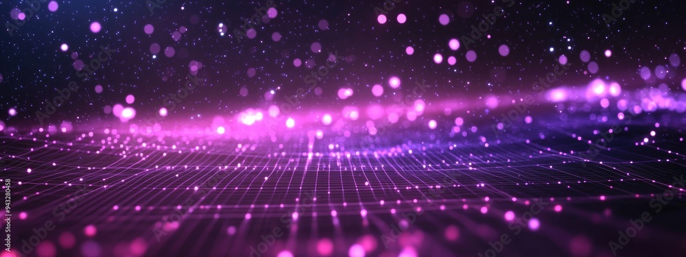 Aufkleber Abstract ultraviolet landscape with a dark background featuring a purple cyberspace grid high tech network and violet starry outer space texture in 3D cartoon rendering