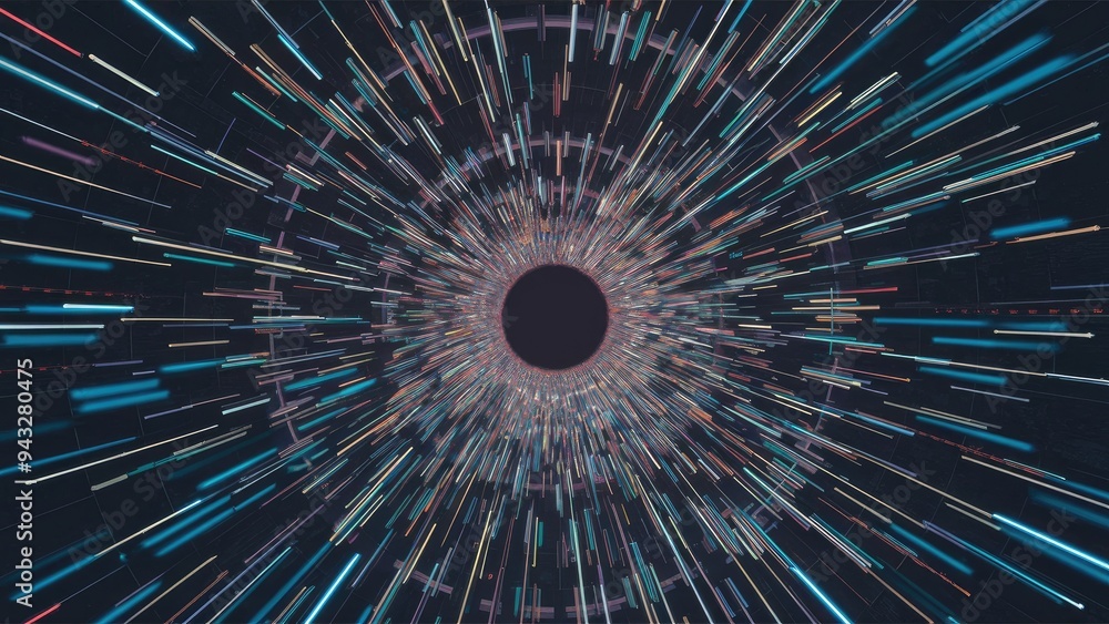 Poster abstract multicolored radial zoom effect with blurred tunnel on dark backdrop. dynamic light rays cr