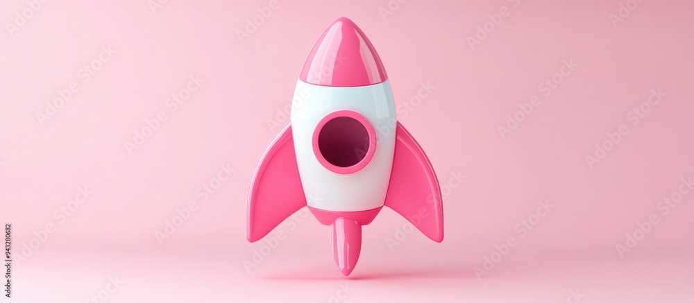 Poster rocket icon inside a pink emblem in a 3d cartoon rendering