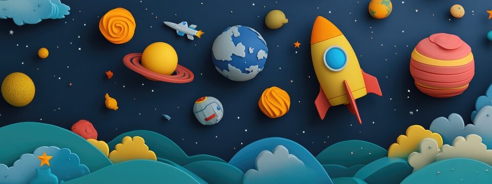 Collage of space science and education items in a 3D cartoon rendering featuring a beautiful night sky with stars